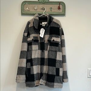 White Mask faux fur Black and Gray Plaid Jacket shacket plus size xxxl 3XL women